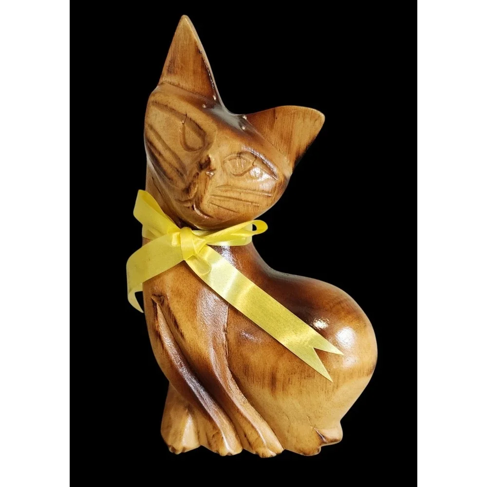 Vintage Mid Century Two-tone Hand-carved Wooden Siamese Cat Figurine Statue‎ MCM